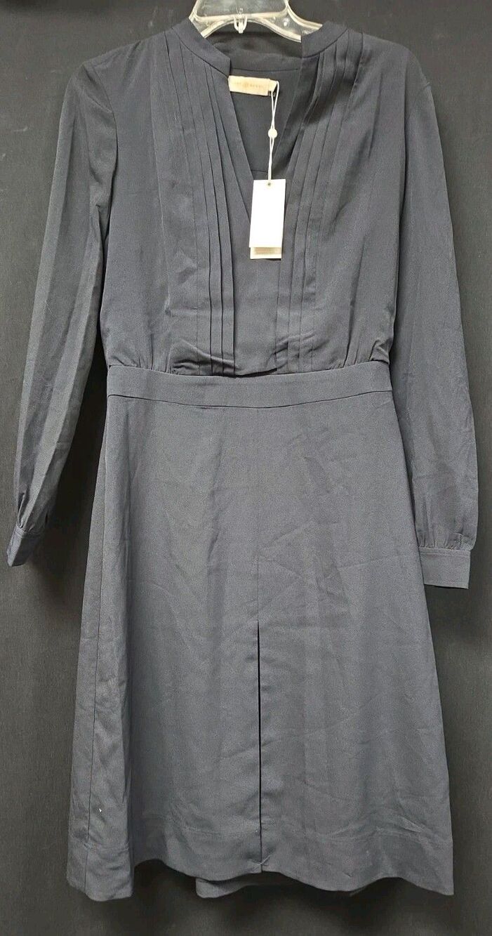 Tory Burch Navy Blue Pencil Dress Size 6 Long Sleeve Midi Pleated Neck New NWT